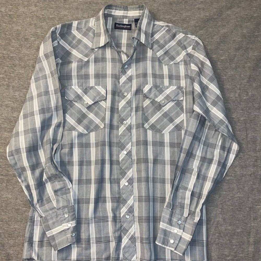 Pearl Snap Western Shirt Gray Plaid Lightweight Long Sleeve Men's size Medium M